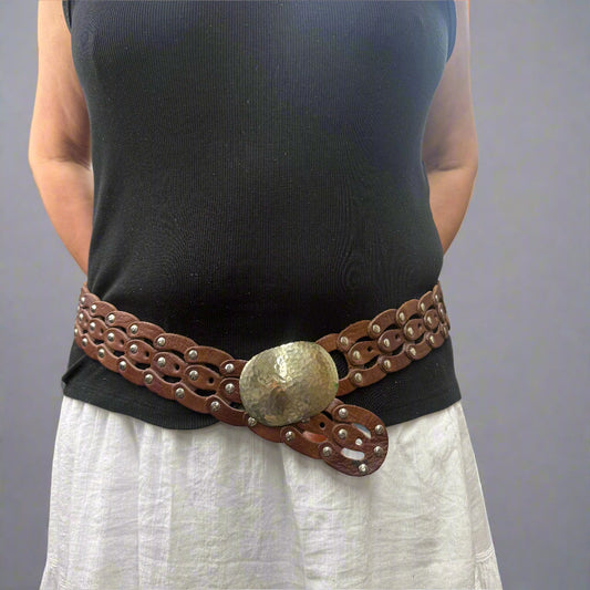 Moroccan Artisanal Leather Large Link Belt – Adjustable with Silver Buckle