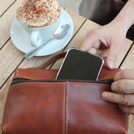 Light Brown Mini Leather Clutch Bag with Handle