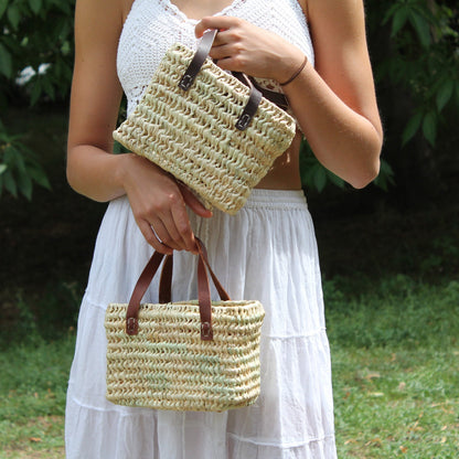 Handwoven Small Palm Leaf Storage Basket – Leather Handles