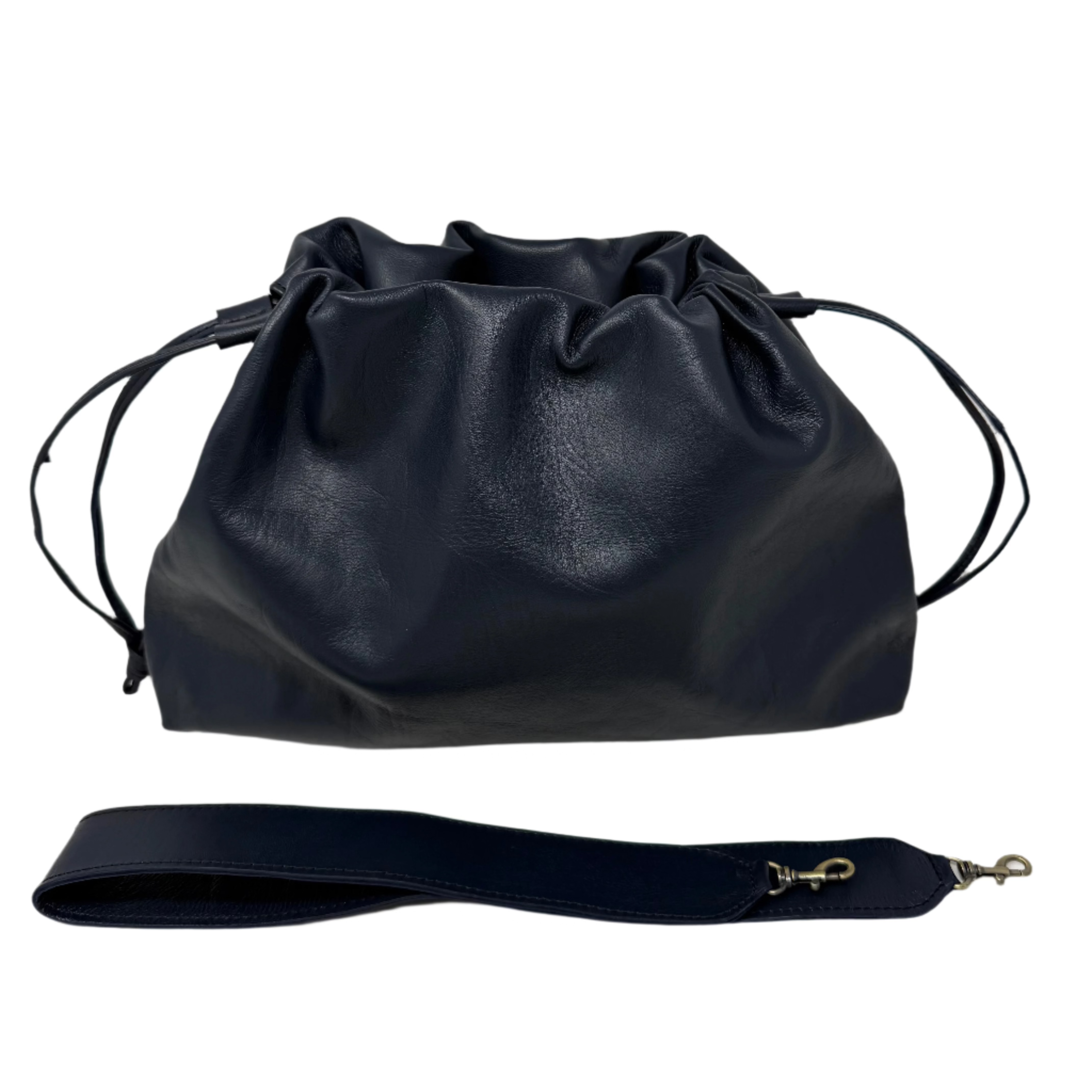 Black leather drawstring bag with a matching strap on a white background