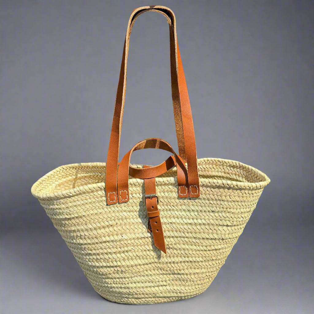 French Market Basket with Leather Handles – Handmade Palm Leaf Tote