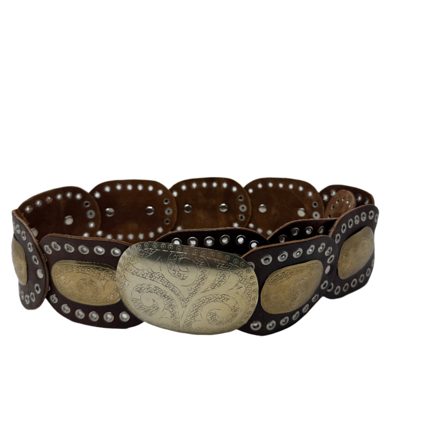 Boho Moroccan Leather oval  disc Belt – Dark Brown with Gold & Silver Detailing