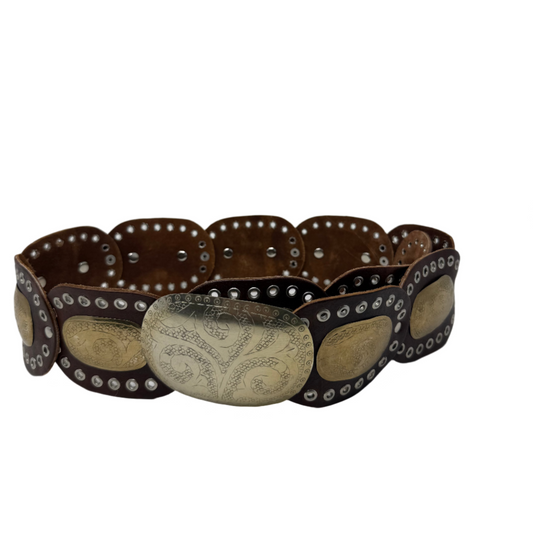Boho Moroccan Leather oval  disc Belt – Dark Brown with Gold & Silver Detailing