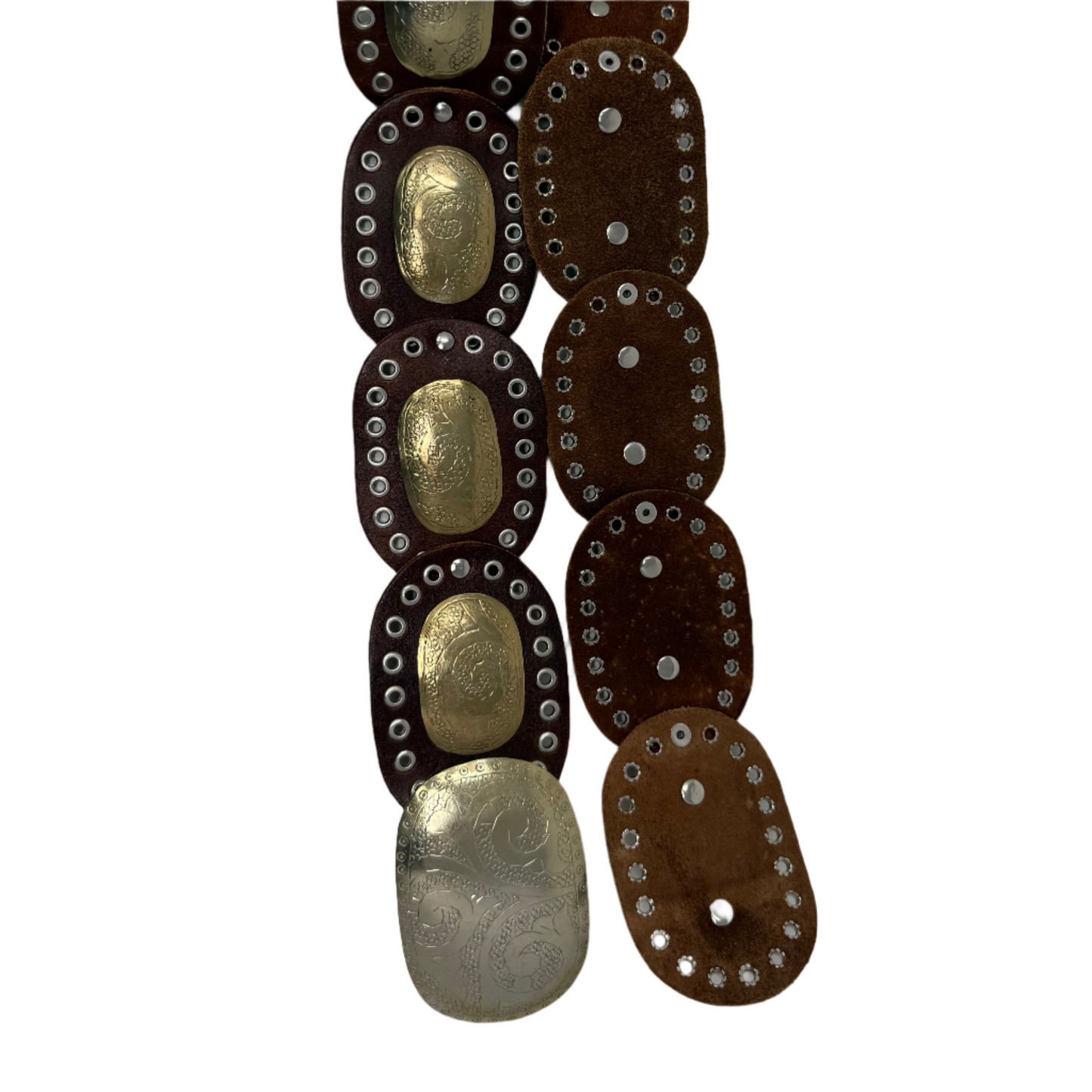 Boho Moroccan Leather oval  disc Belt – Dark Brown with Gold & Silver Detailing