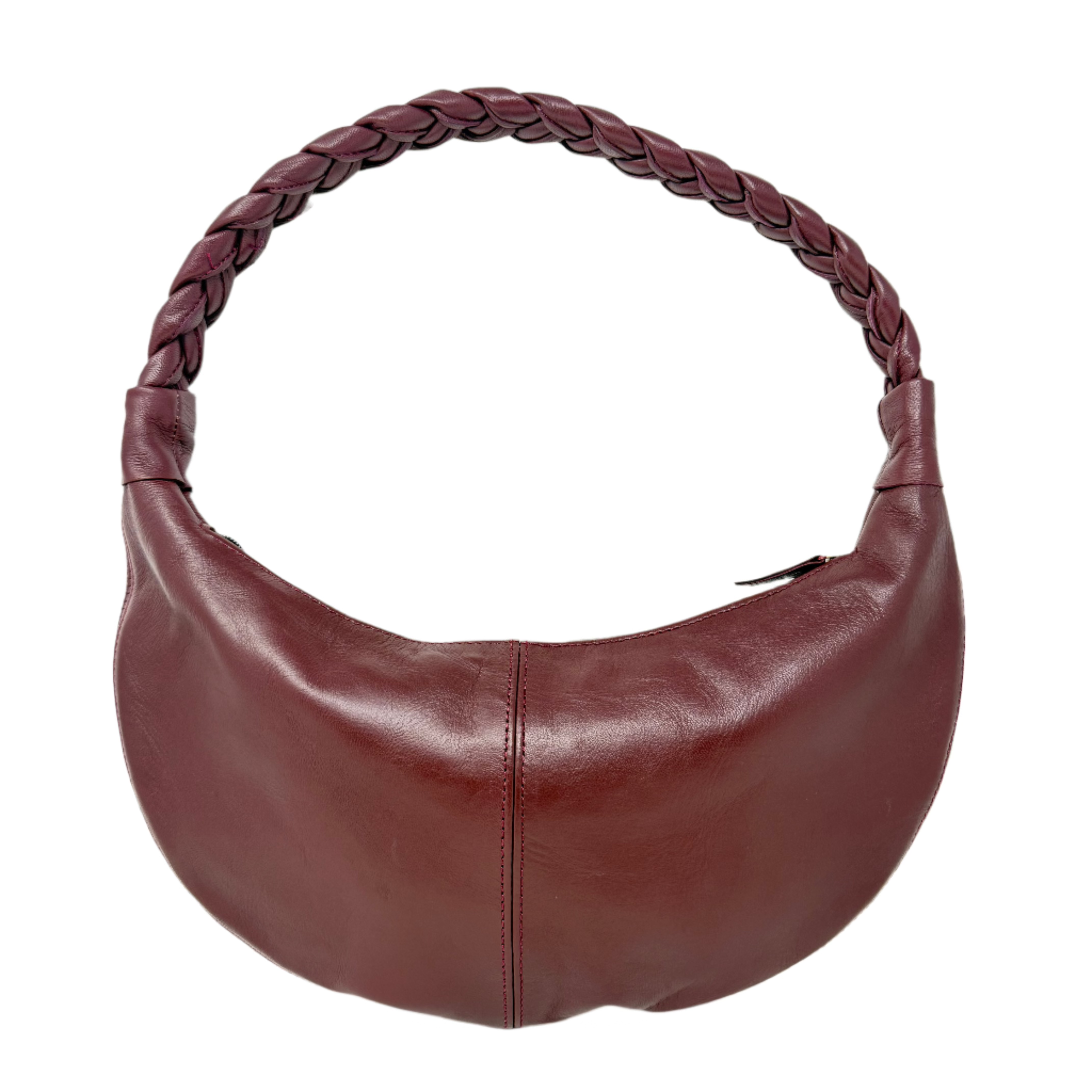 Burgundy Half Moon Leather Shoulder Bag – Handmade with Braided Handle