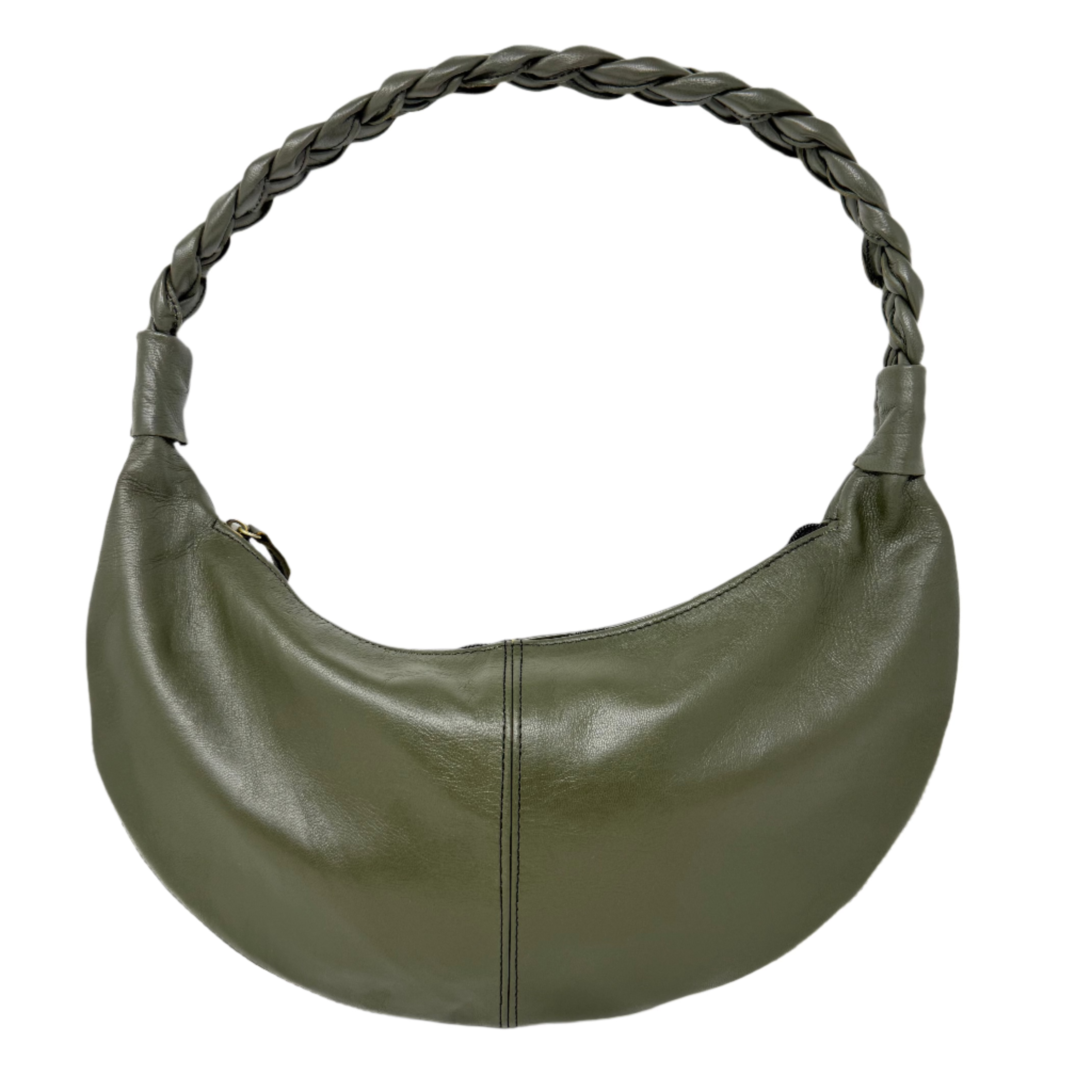 Olive Green Half Moon Leather Shoulder Bag – Handmade with Braided Handle