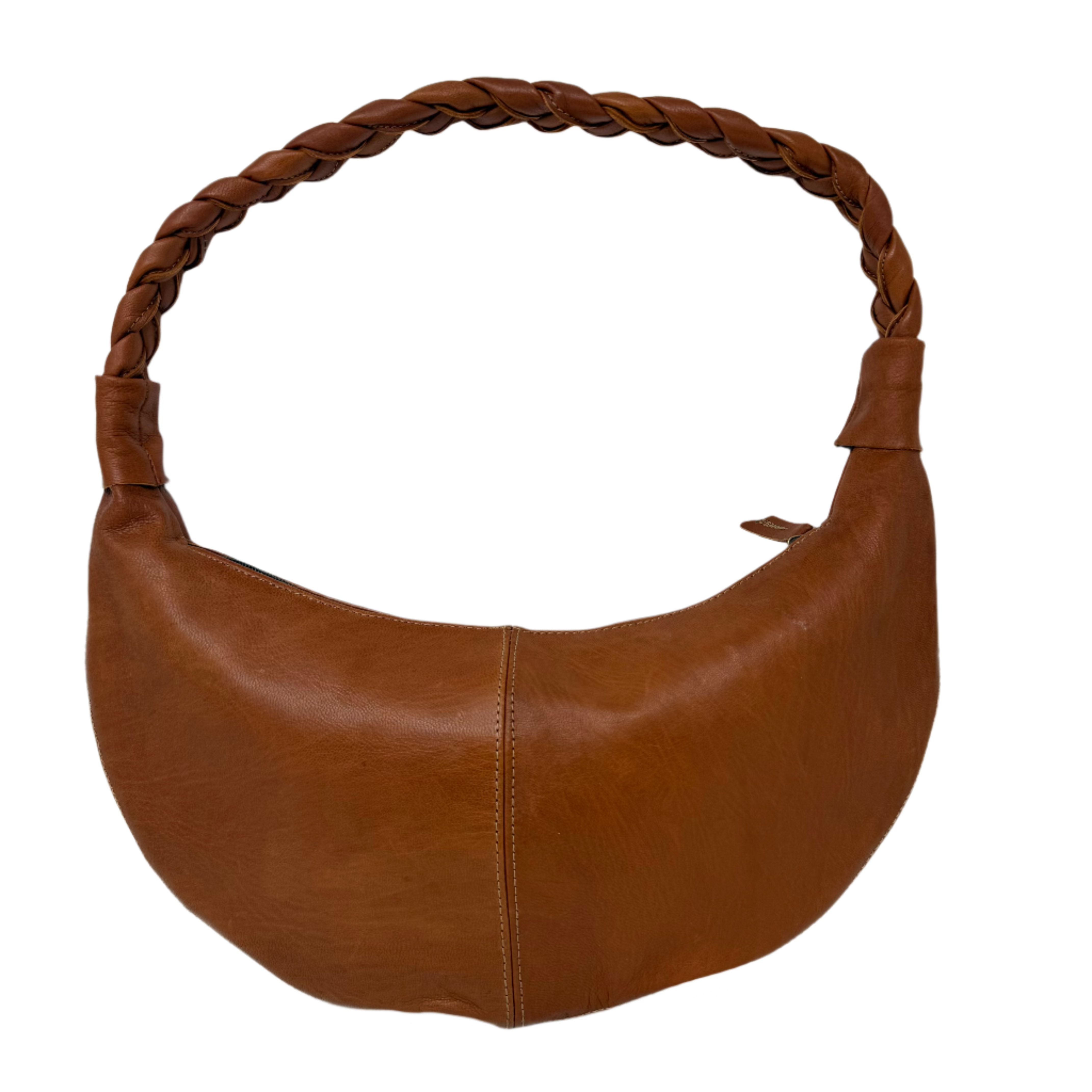 Tan Half Moon Leather Shoulder Bag – Handmade with Braided Handle