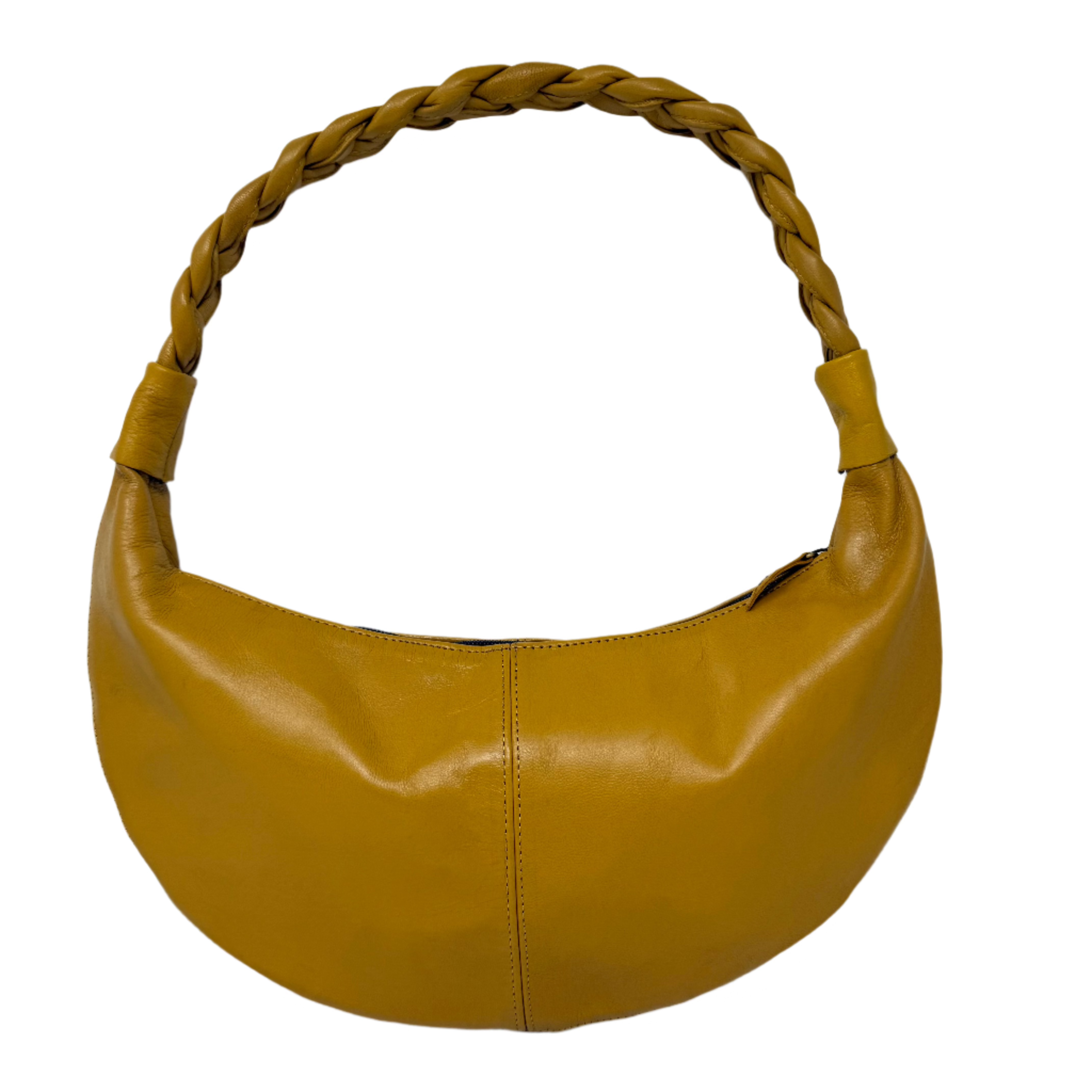 Yellow Half Moon Leather Shoulder Bag – Handmade with Braided Handle