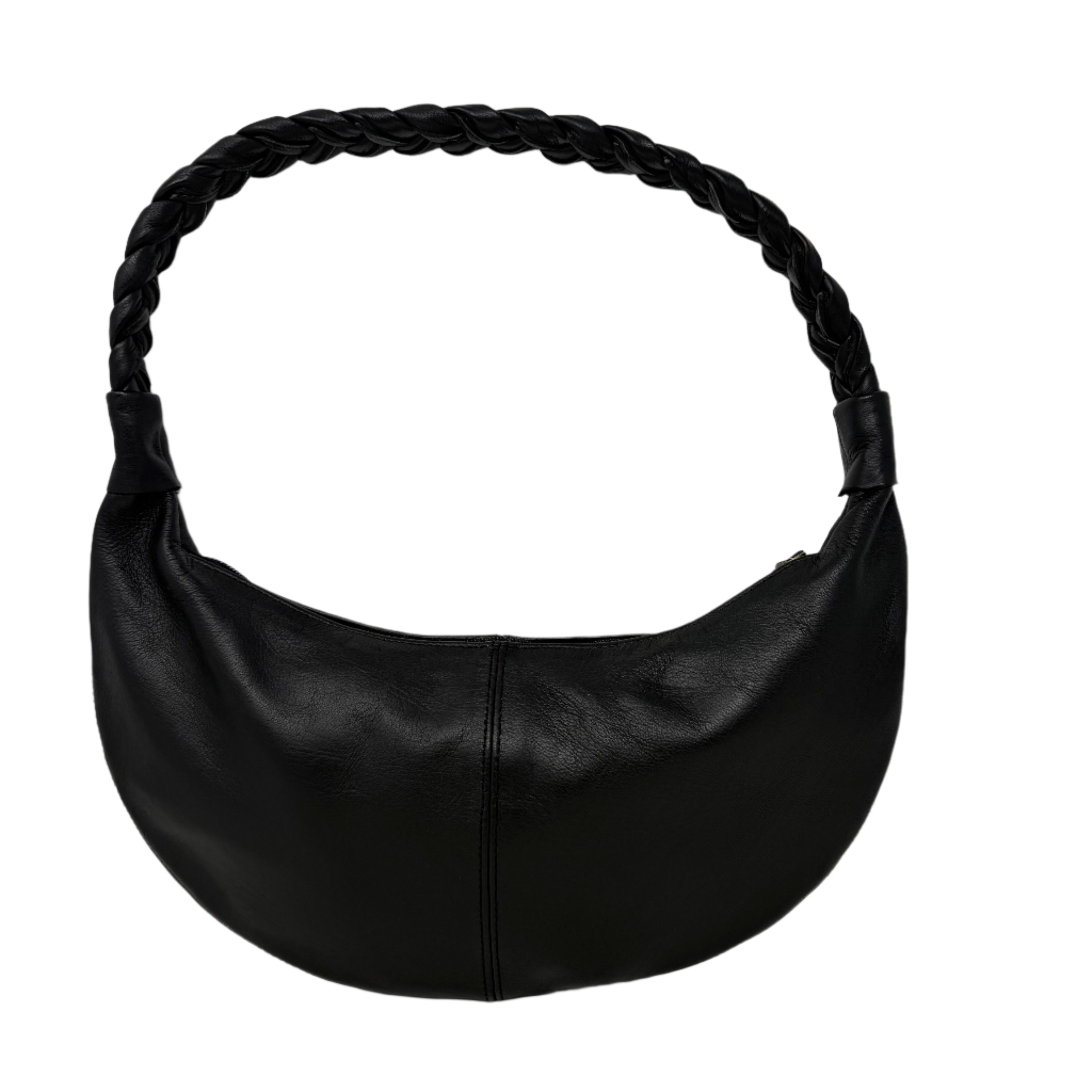 Black Half Moon Leather Shoulder Bag – Handmade with Braided Handle