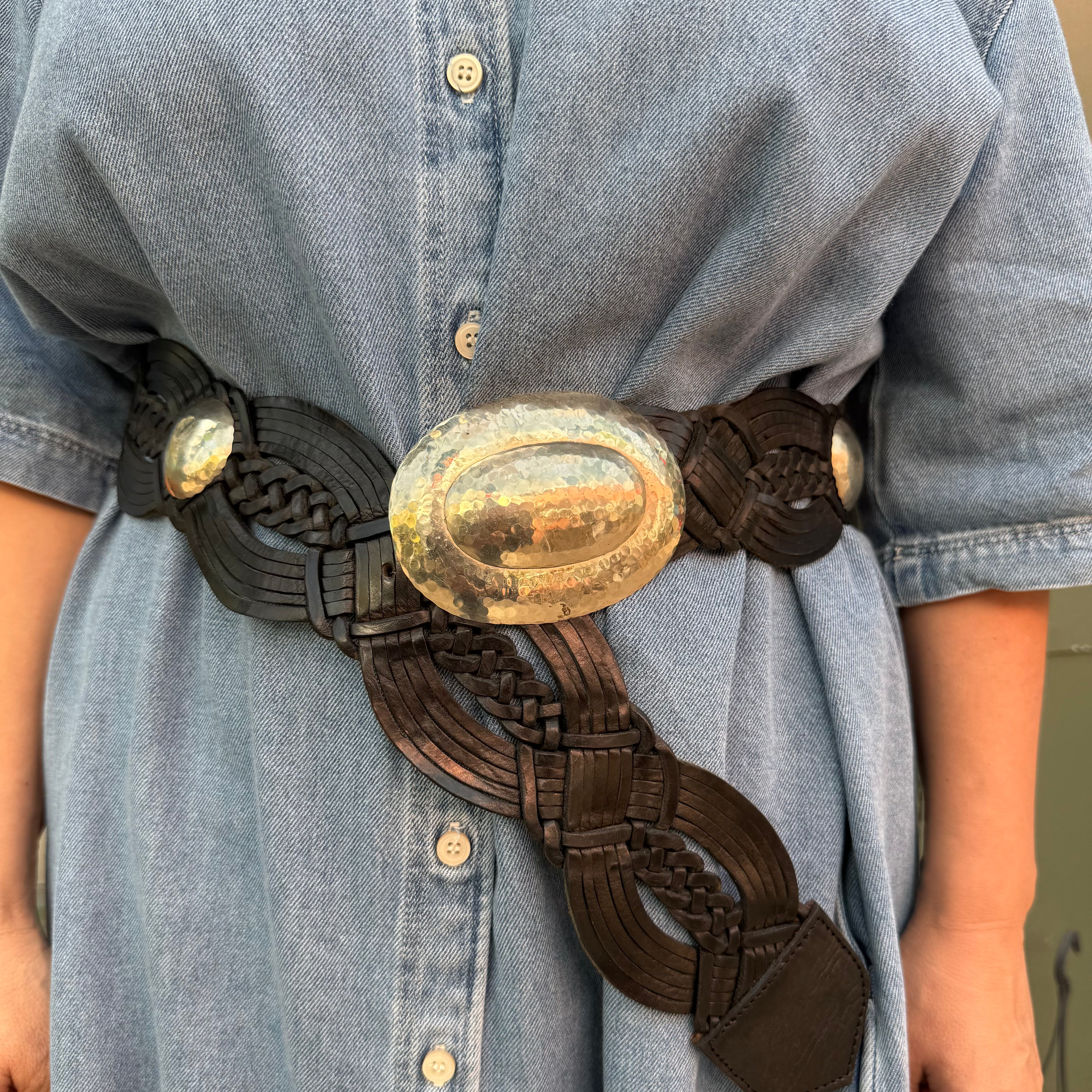 Black Boho western woven Leather Belt – Vintage Look, Silver Buckle
