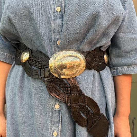 Black Boho western woven Leather Belt – Vintage Look, Silver Buckle