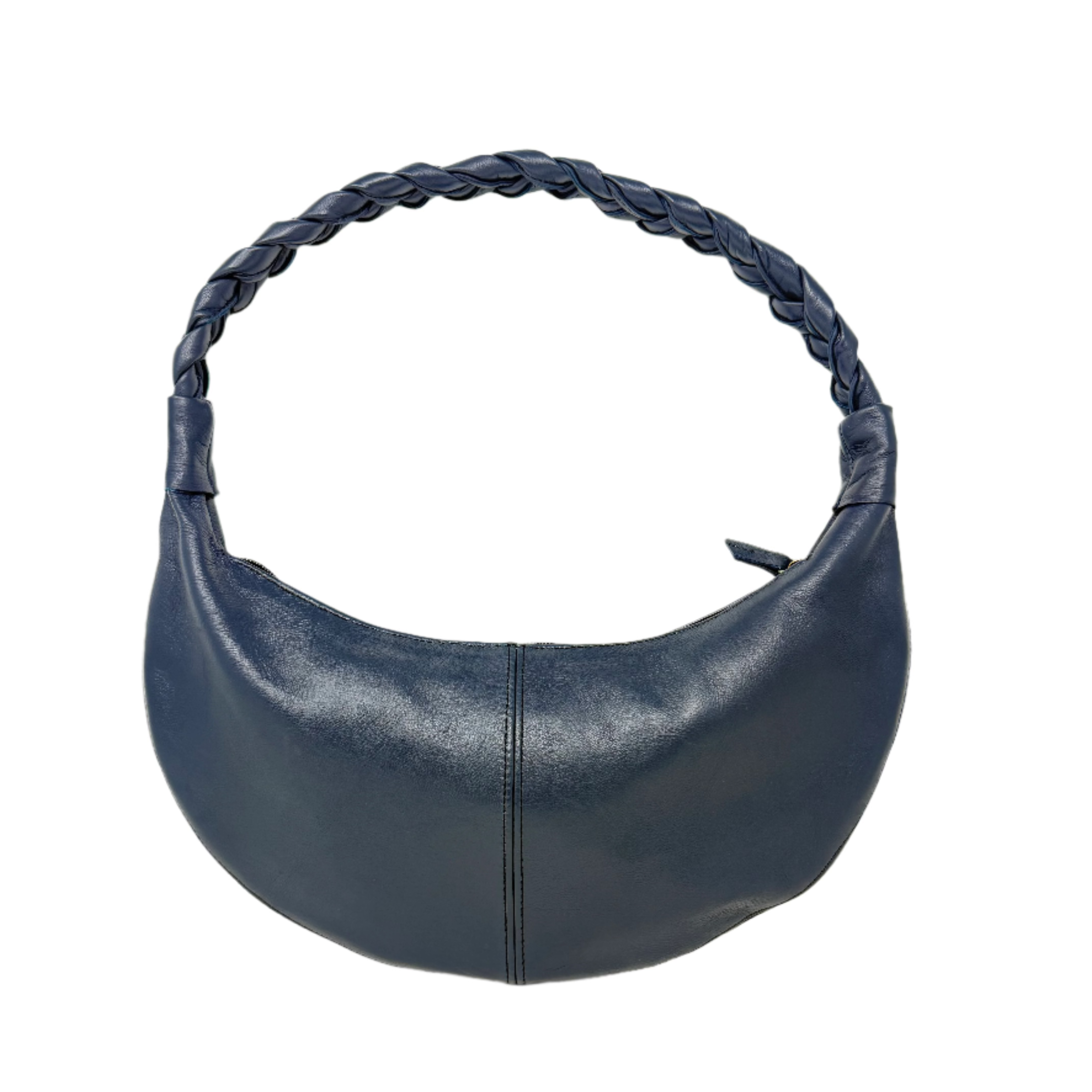 Navy blue Half Moon Leather Shoulder Bag – Handmade with Braided Handle