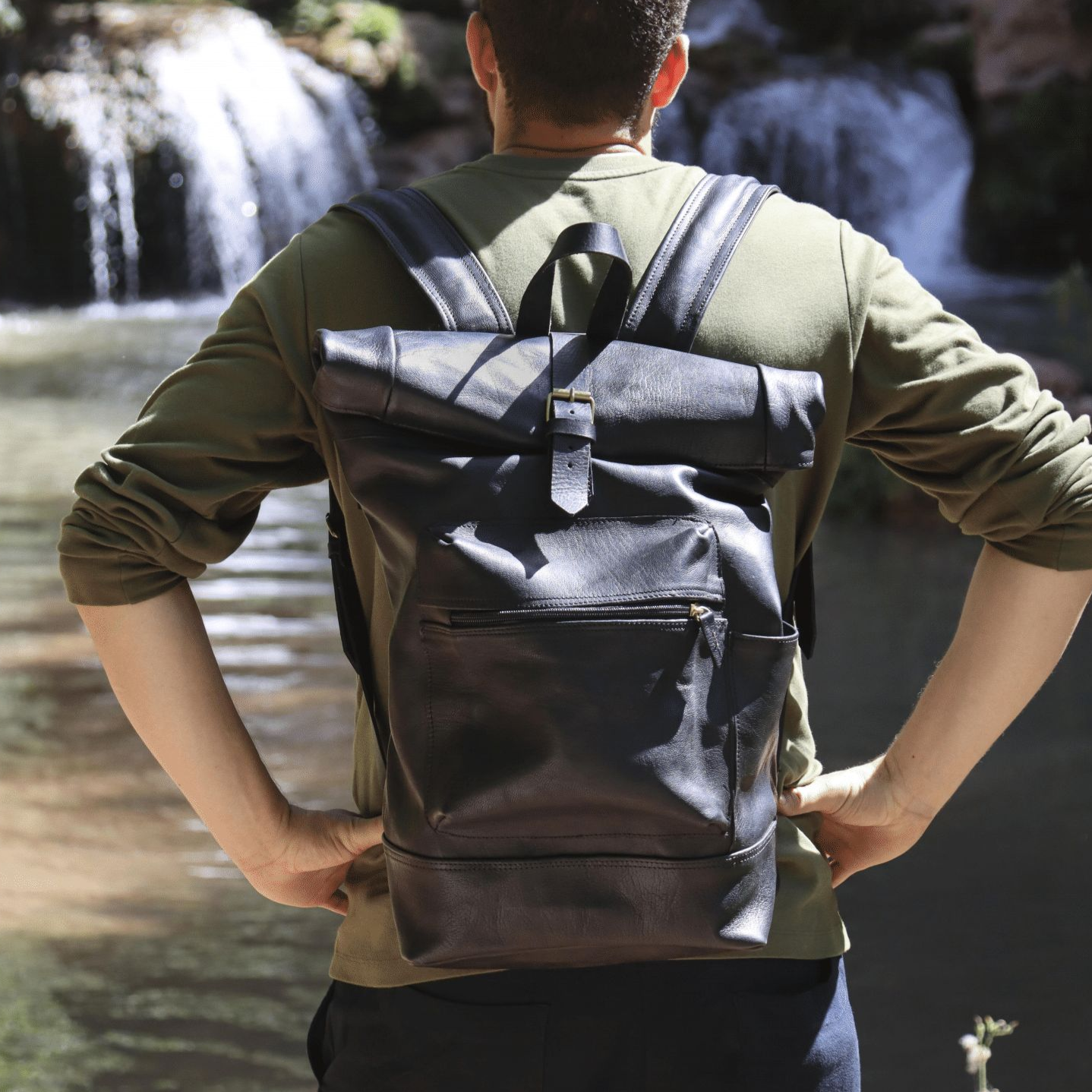 Black Leather Large Backpack