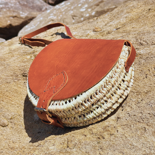 Palm Leaves & Leather Saddle Bag