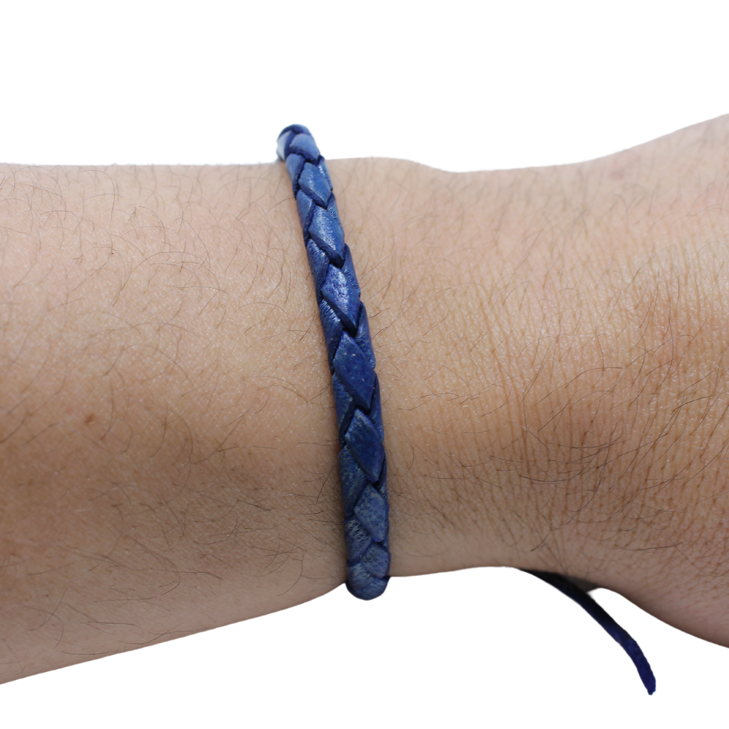 Adjustable twisted artisan leather bracelet jewelry for men and women in blue on wrist