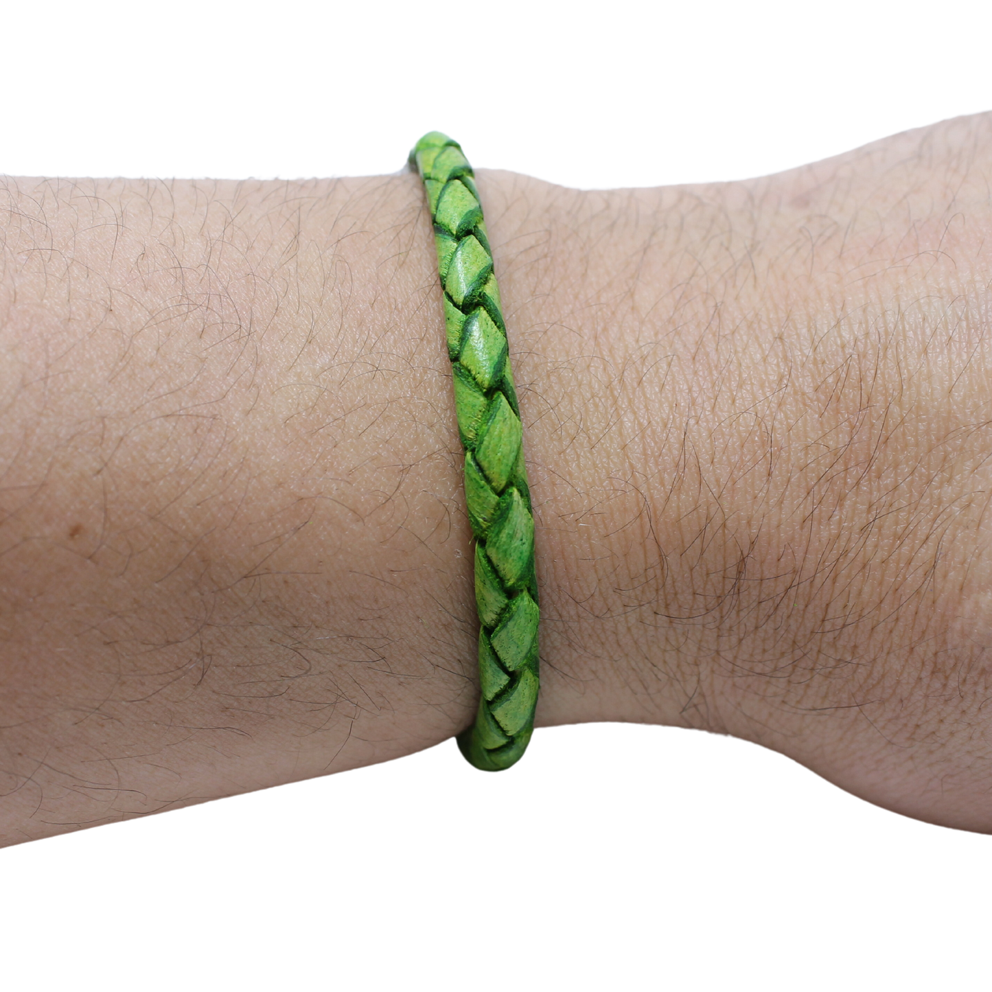 Adjustable twisted artisan leather bracelet jewelry for men and women in green on wrist