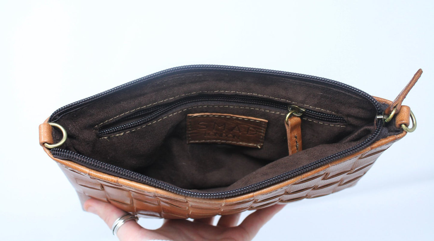 ALEX HANDWOVEN TAN CROSS BODY LEATHER CLUTCH BAG - Artisan Stories