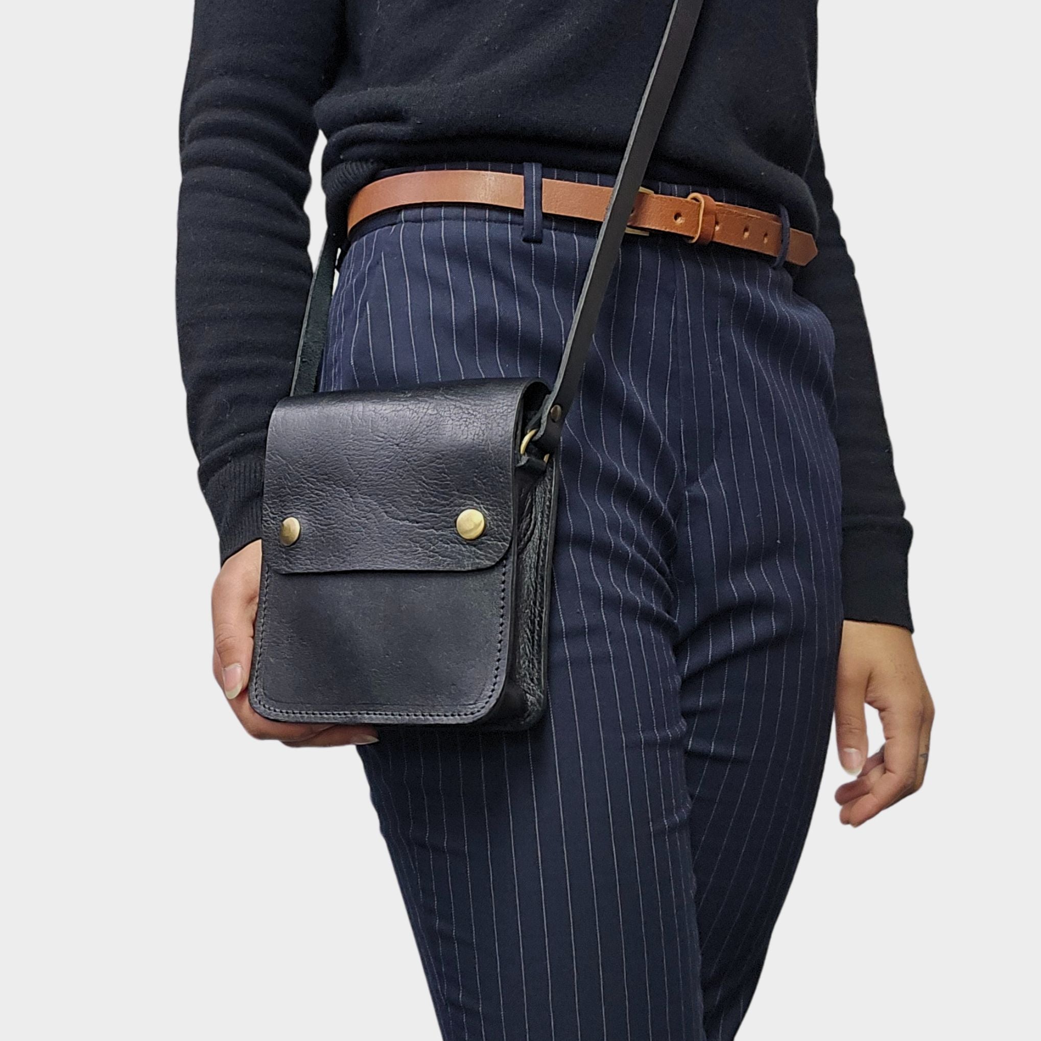 Black Small Leather Crossbody Bag with Pop Bag Closure - Artisan Stories
