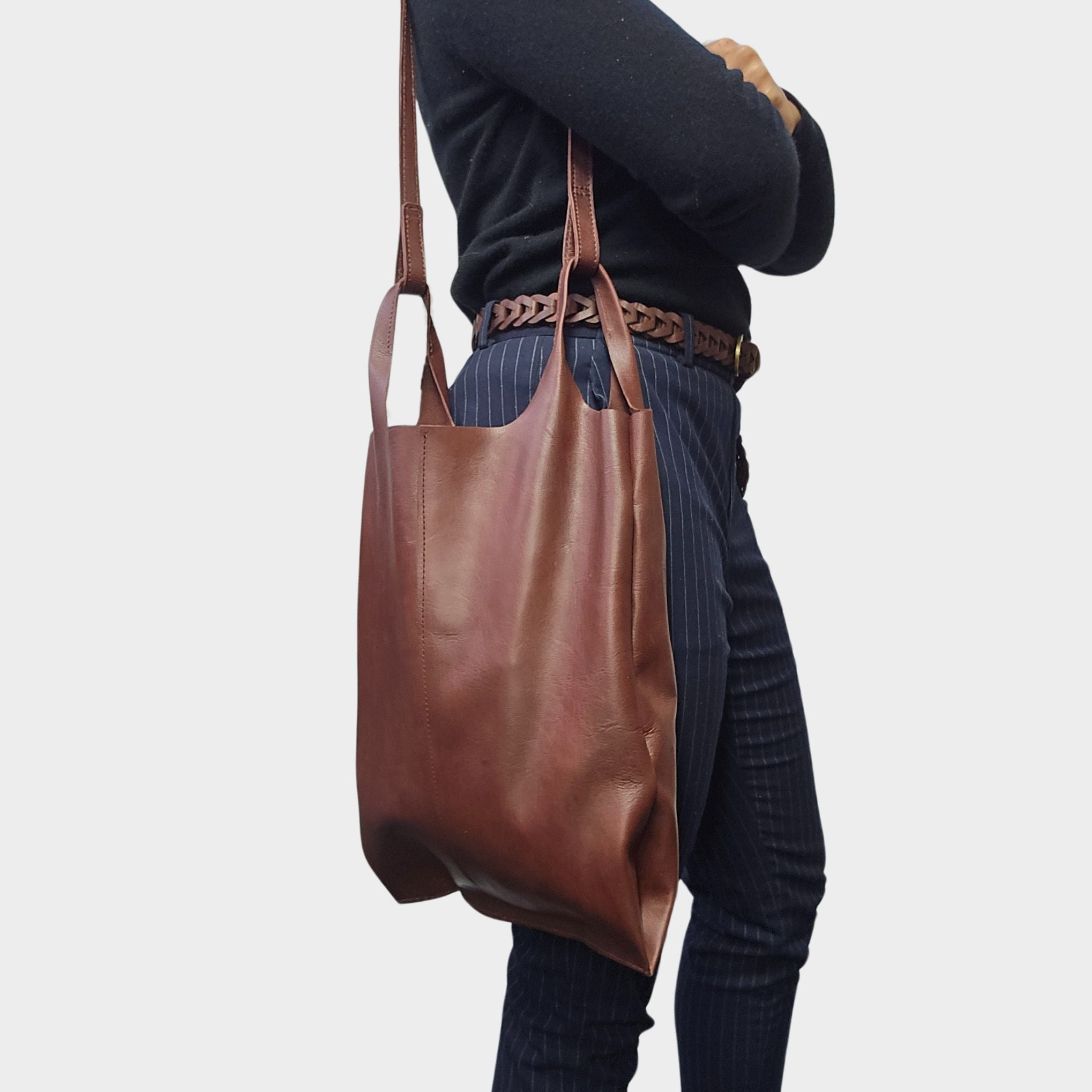 Classic Leather Tote carrier Bag - Chocolate Brown - Artisan Stories