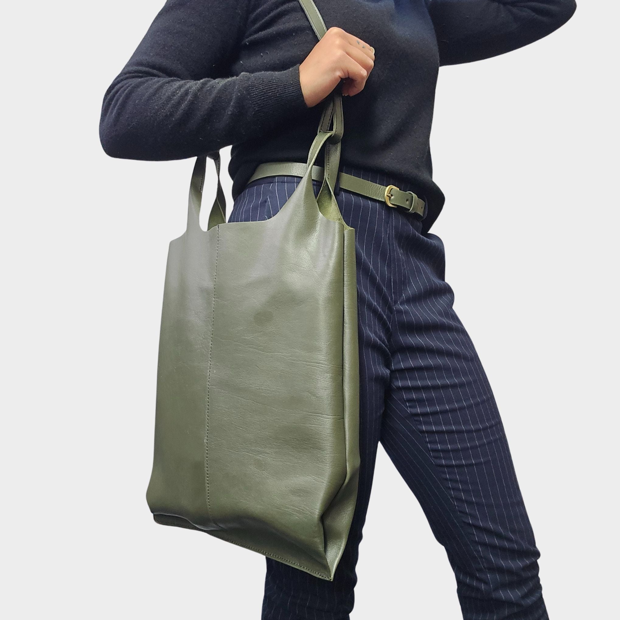 Classic Leather Tote carrier Bag - Khaki Green - Artisan Stories