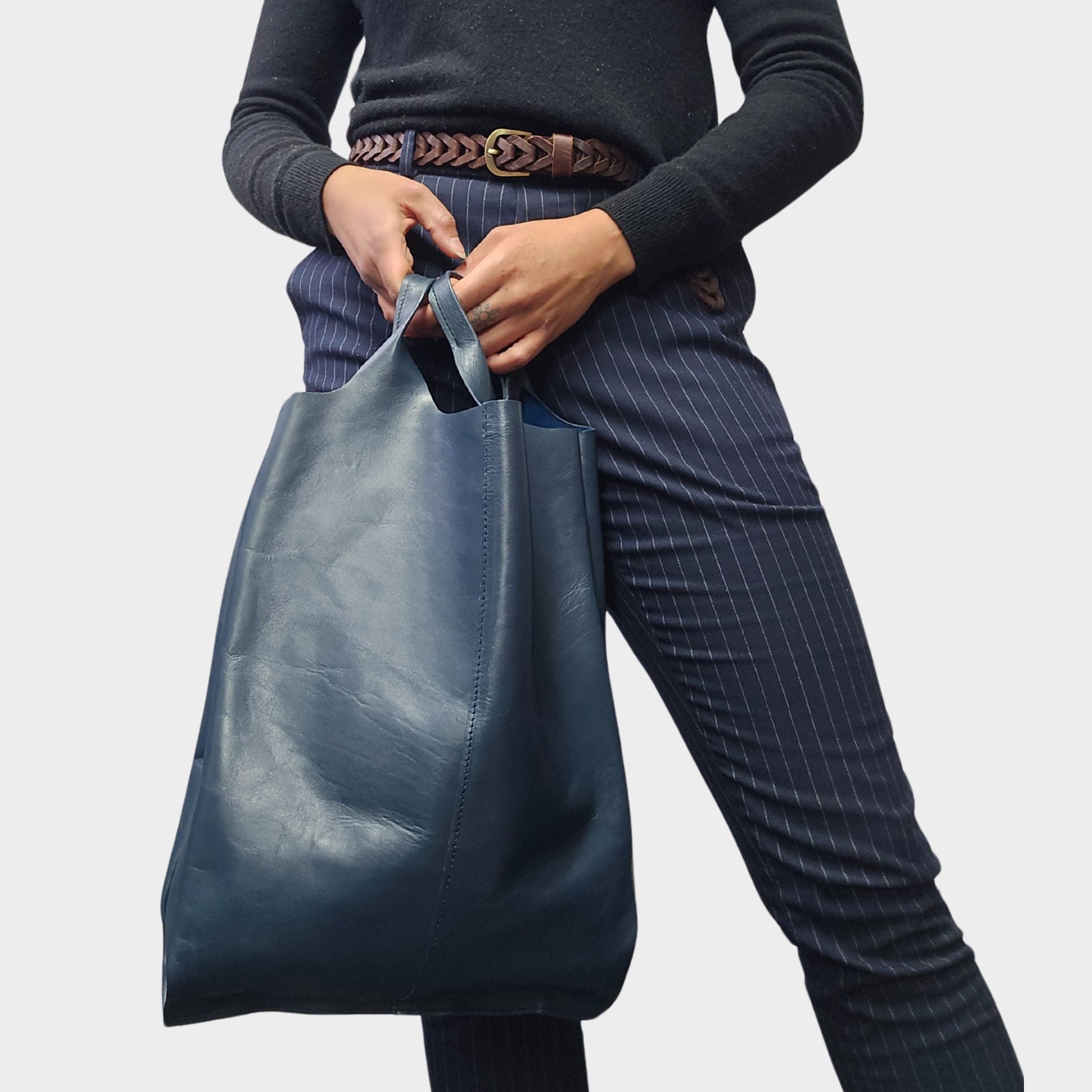 Classic Leather Tote carrier Bag - Navy Blue - Artisan Stories