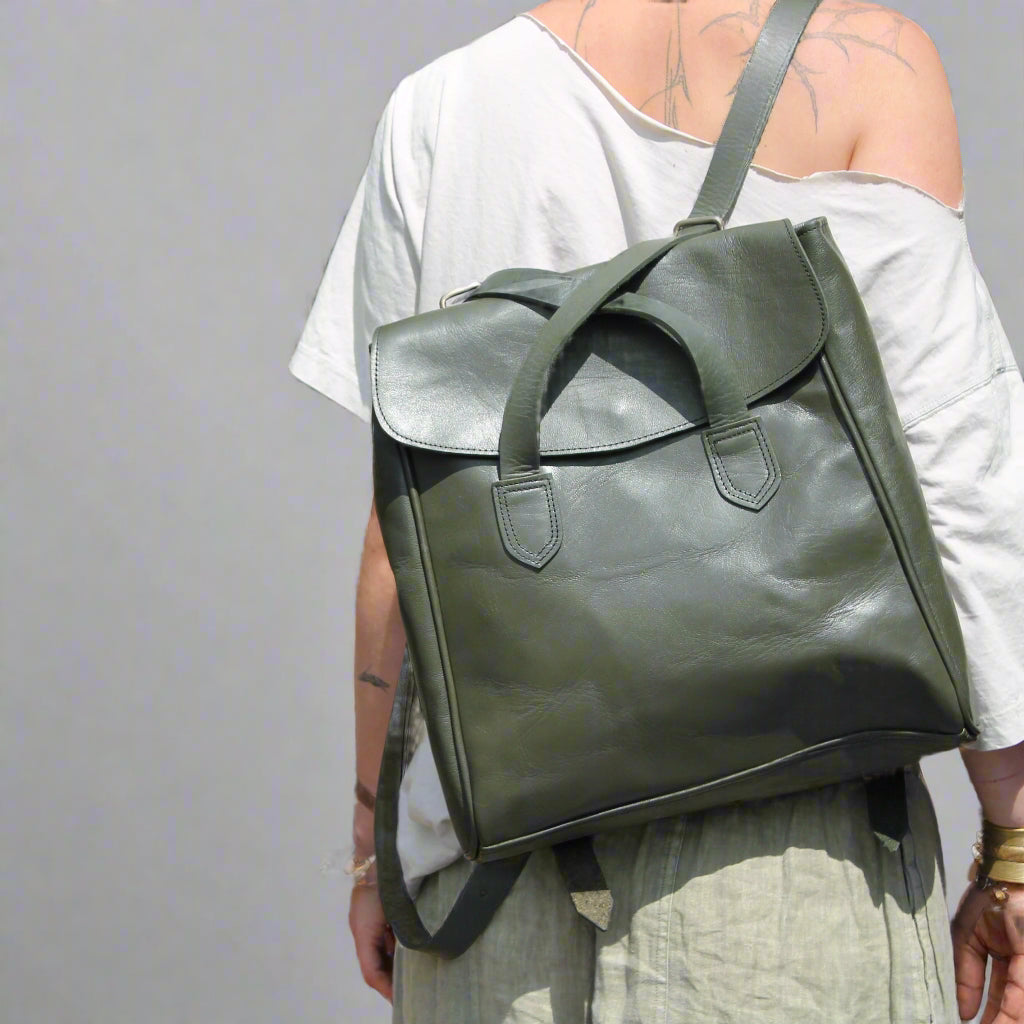 Leather Tote Backpack Cleo Army green