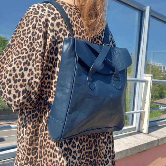 Convertible Leather Tote Backpack Cleo In Navy Blue - Artisan Stories