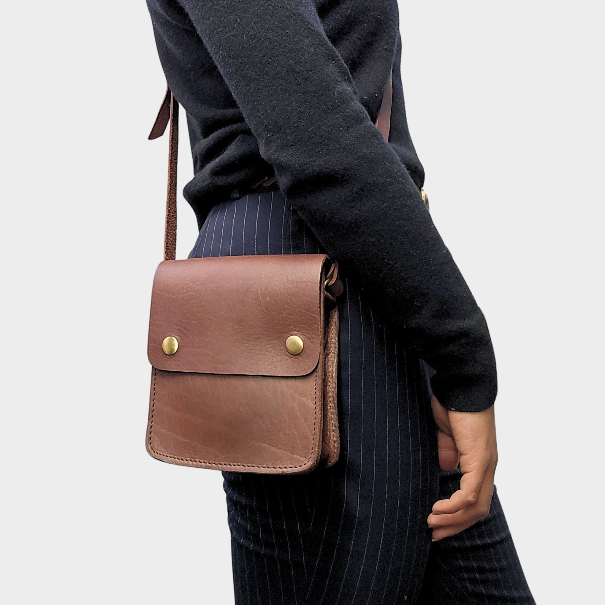 Dark Brown Small Leather Crossbody Bag with Pop Closure - Artisan Stories
