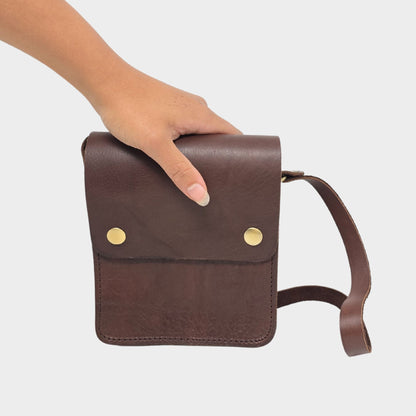 Dark Brown Small Leather Crossbody Bag with Pop Closure - Artisan Stories