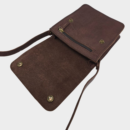 Dark Brown Small Leather Crossbody Bag with Pop Closure - Artisan Stories