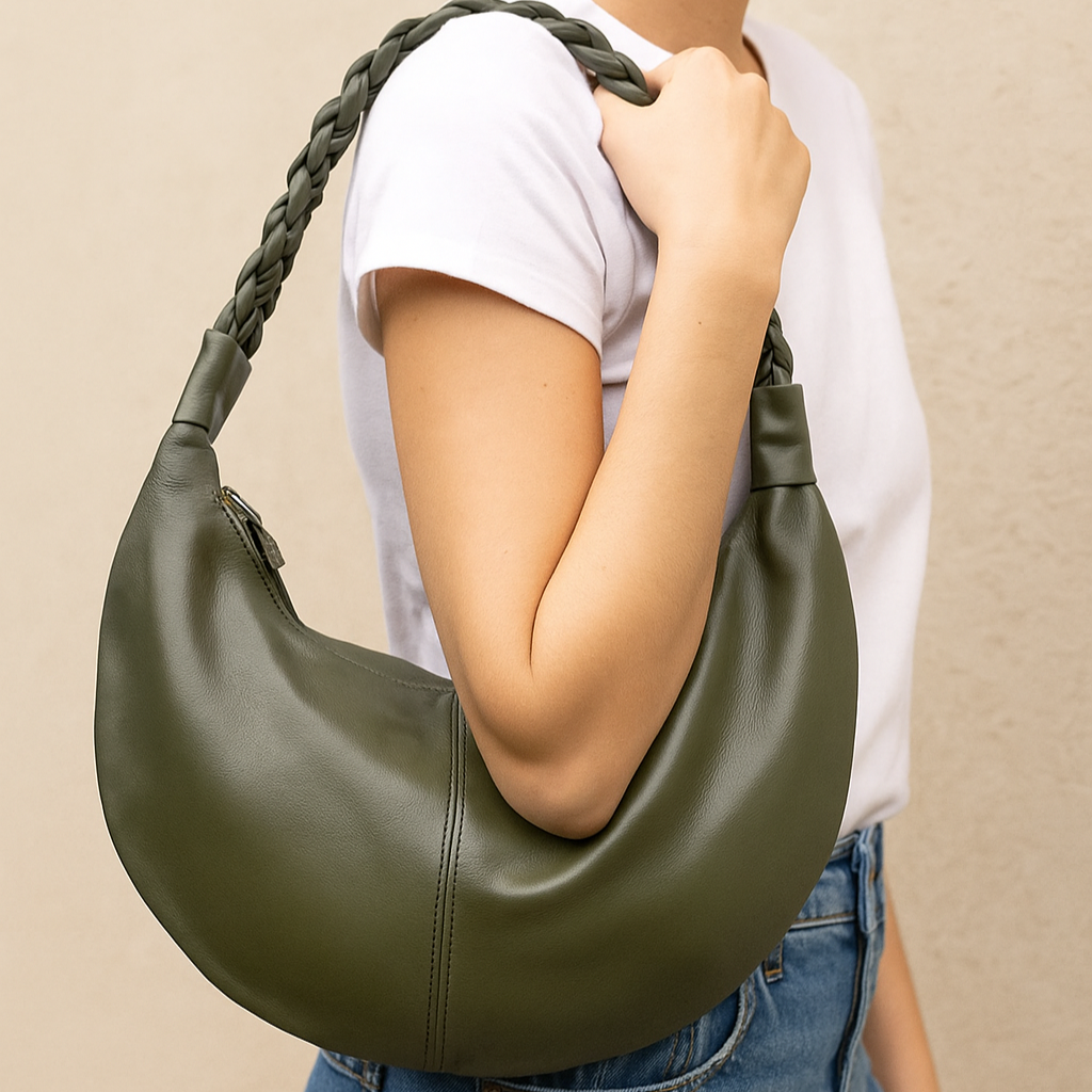 Olive Green Half Moon Leather Shoulder Bag – Handmade with Braided Handle