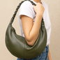 Olive Green Half Moon Leather Shoulder Bag – Handmade with Braided Handle