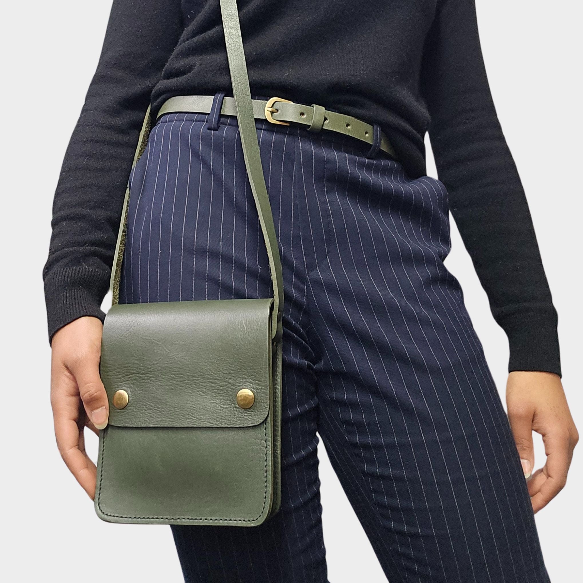 Green Small Leather Crossbody Bag with Pop Closure - Artisan Stories