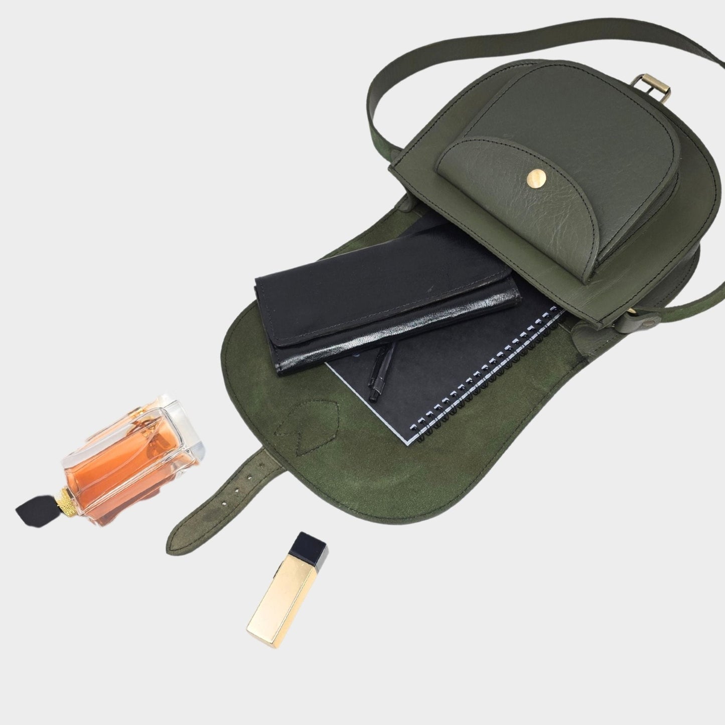 Leather Saddle Bag Crossbody Sam In Khaki Green - Artisan Stories