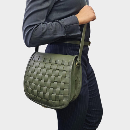 Leather Sam Woven Saddle Bag - green - Artisan Stories