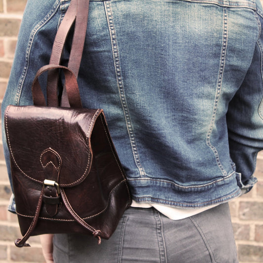 Mini Drawstring Backpack Purse Leather Small Chocolate Brown - Artisan Stories