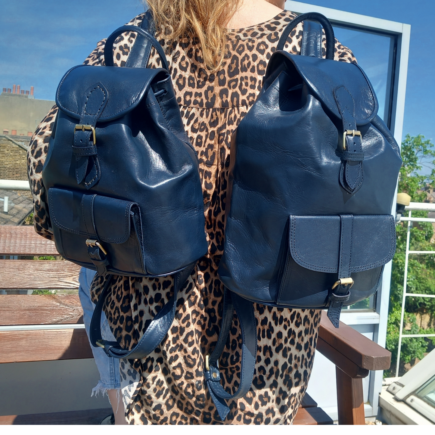 Drawstring Leather Backpack Navy Blue Sac A Do