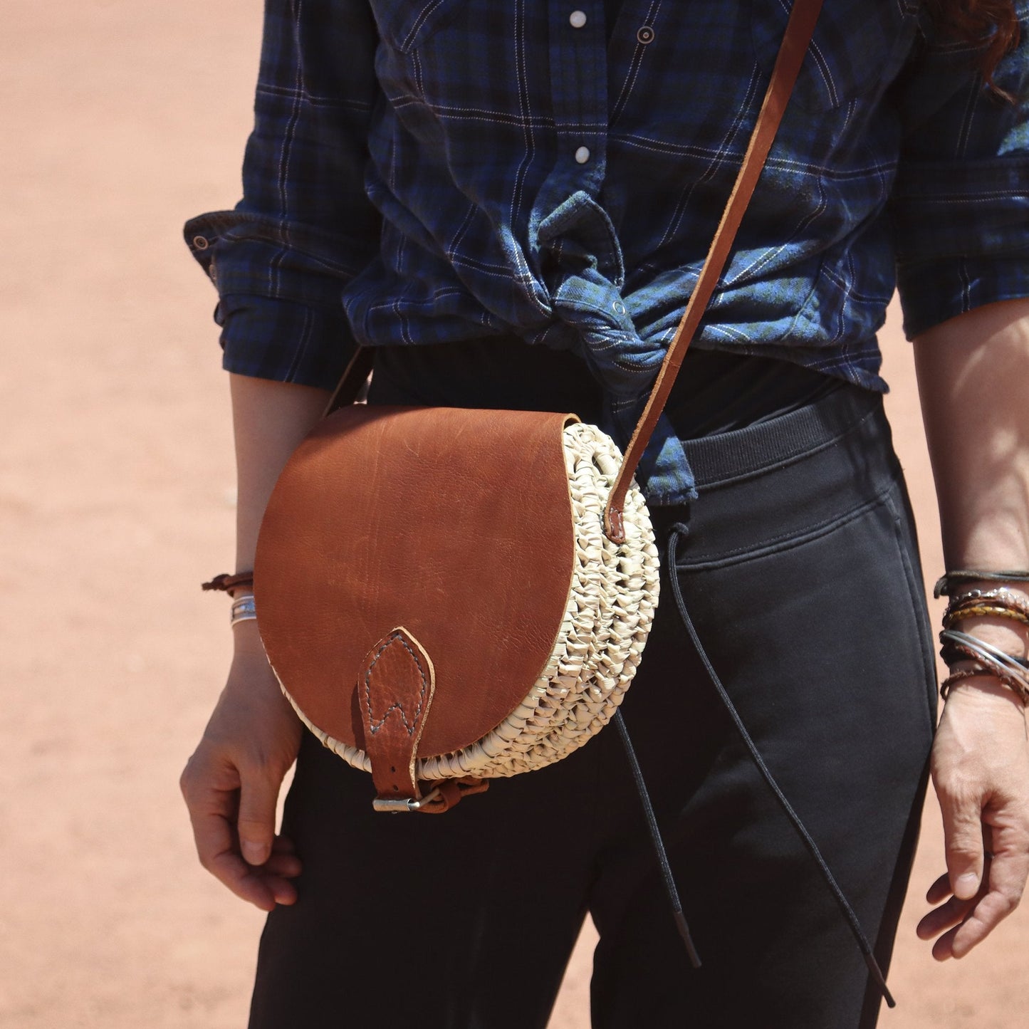 Palm Leaves & Leather Saddle Bag - Artisan Stories