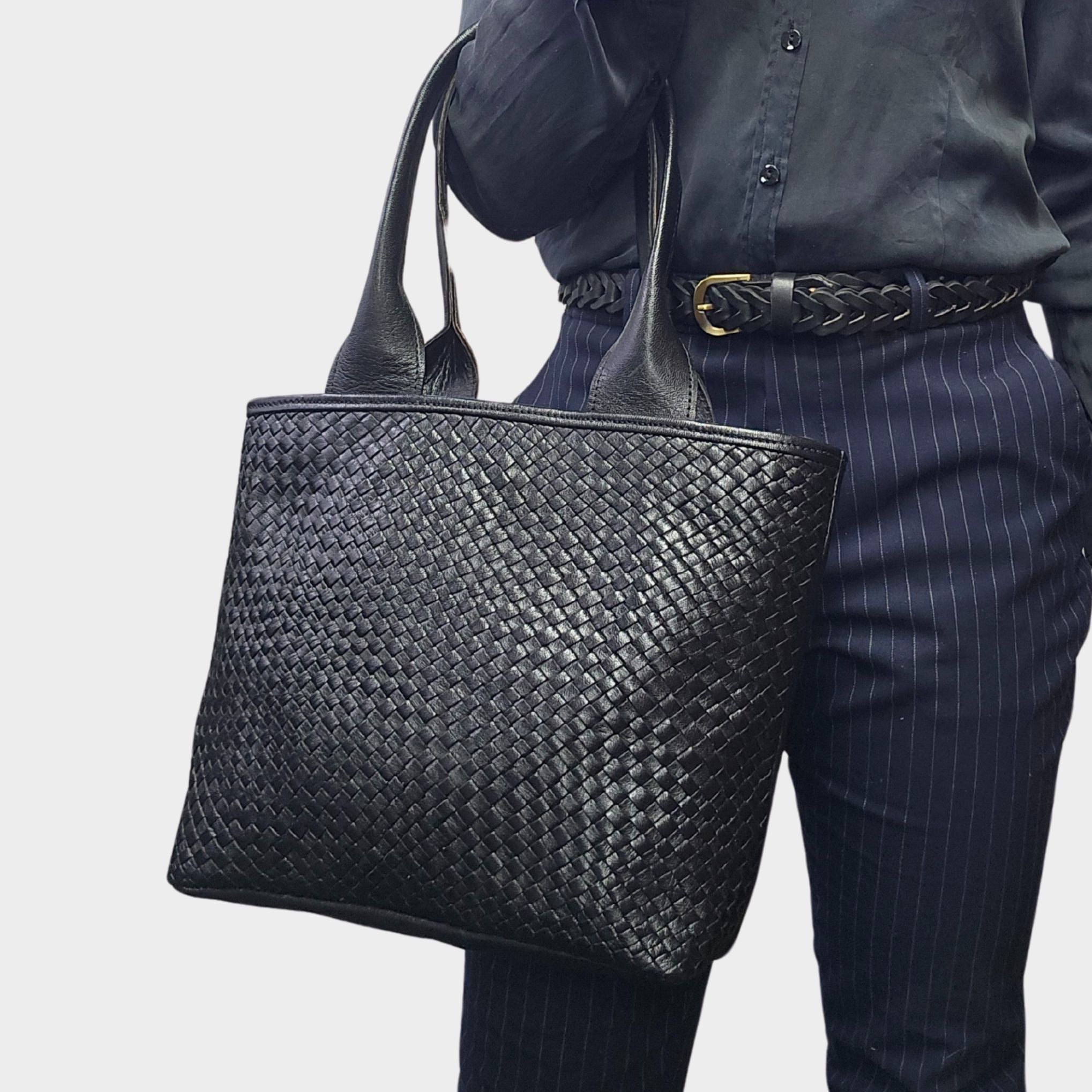 Woven Leather Tote Handbag Black - Artisan Stories