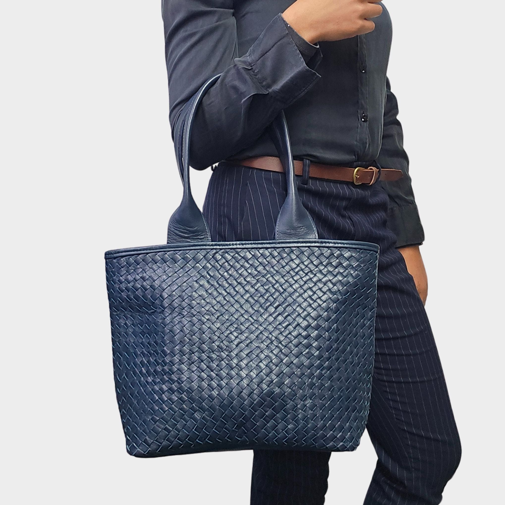 Woven Leather Tote Handbag Blue - Artisan Stories