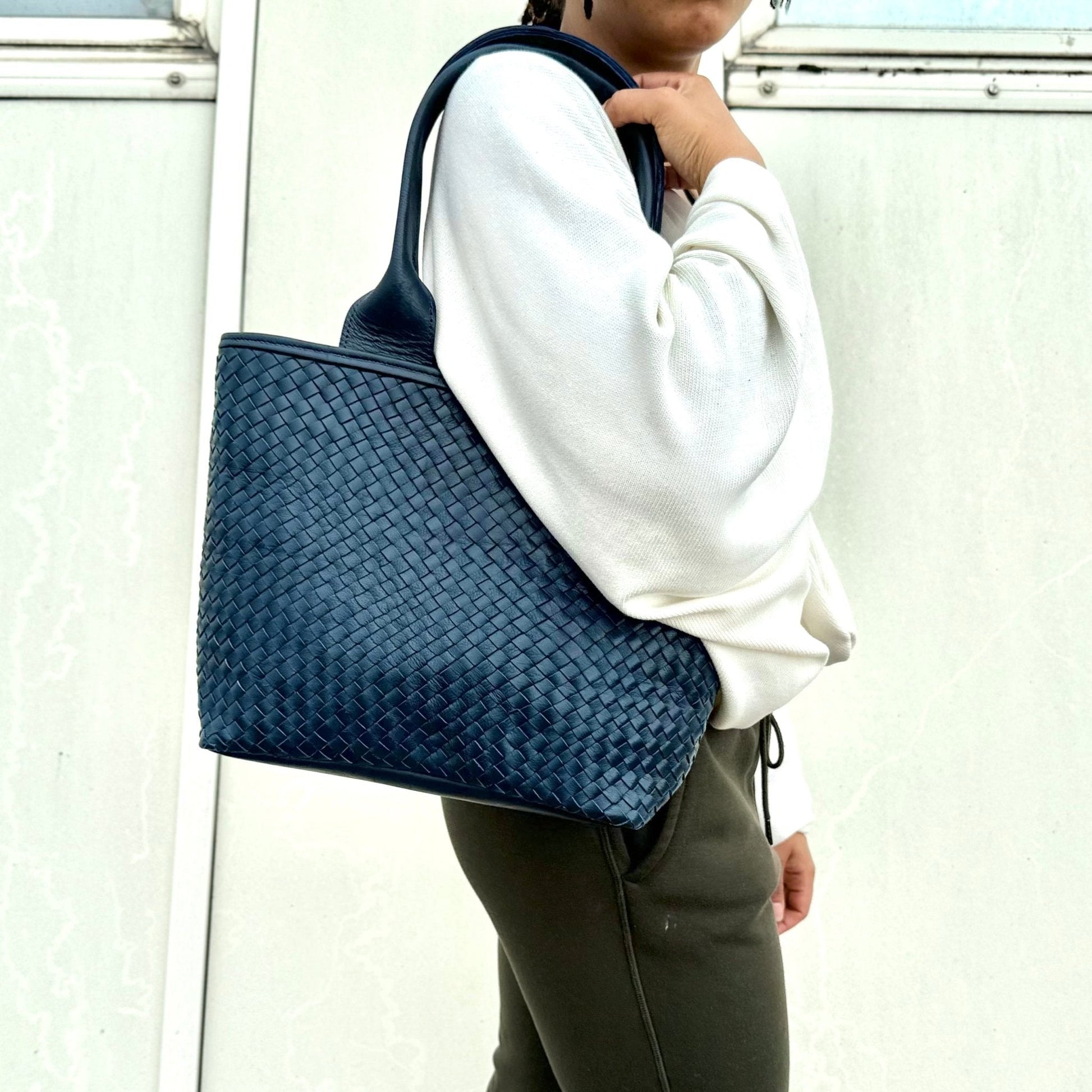 Woven Leather Tote Handbag Blue - Artisan Stories