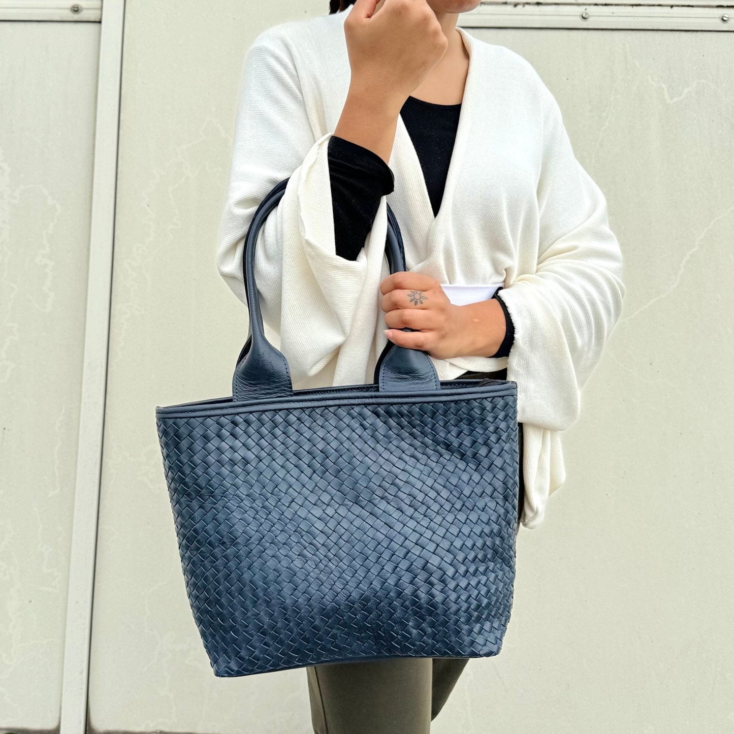 Woven Leather Tote Handbag Blue - Artisan Stories