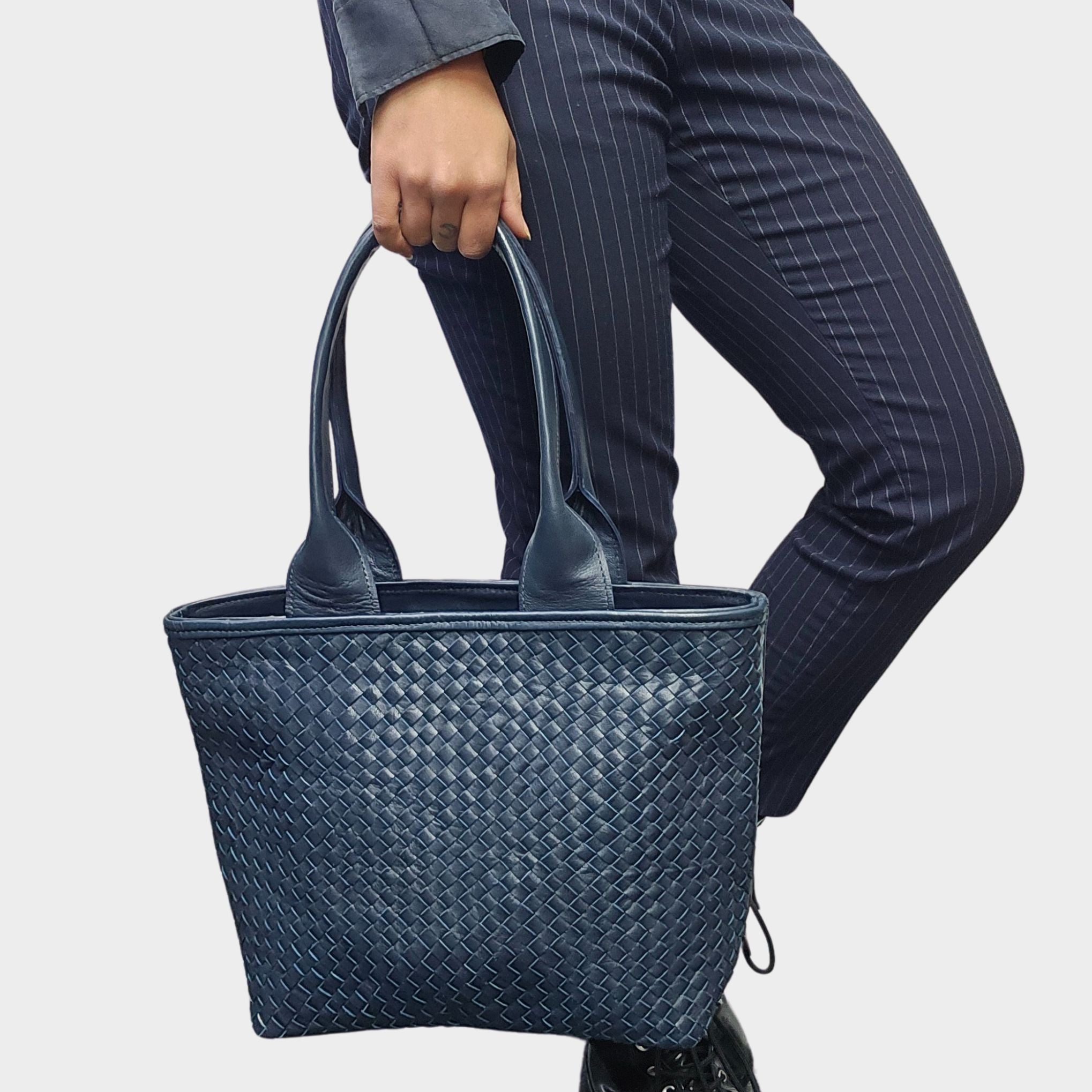 Woven Leather Tote Handbag Blue - Artisan Stories