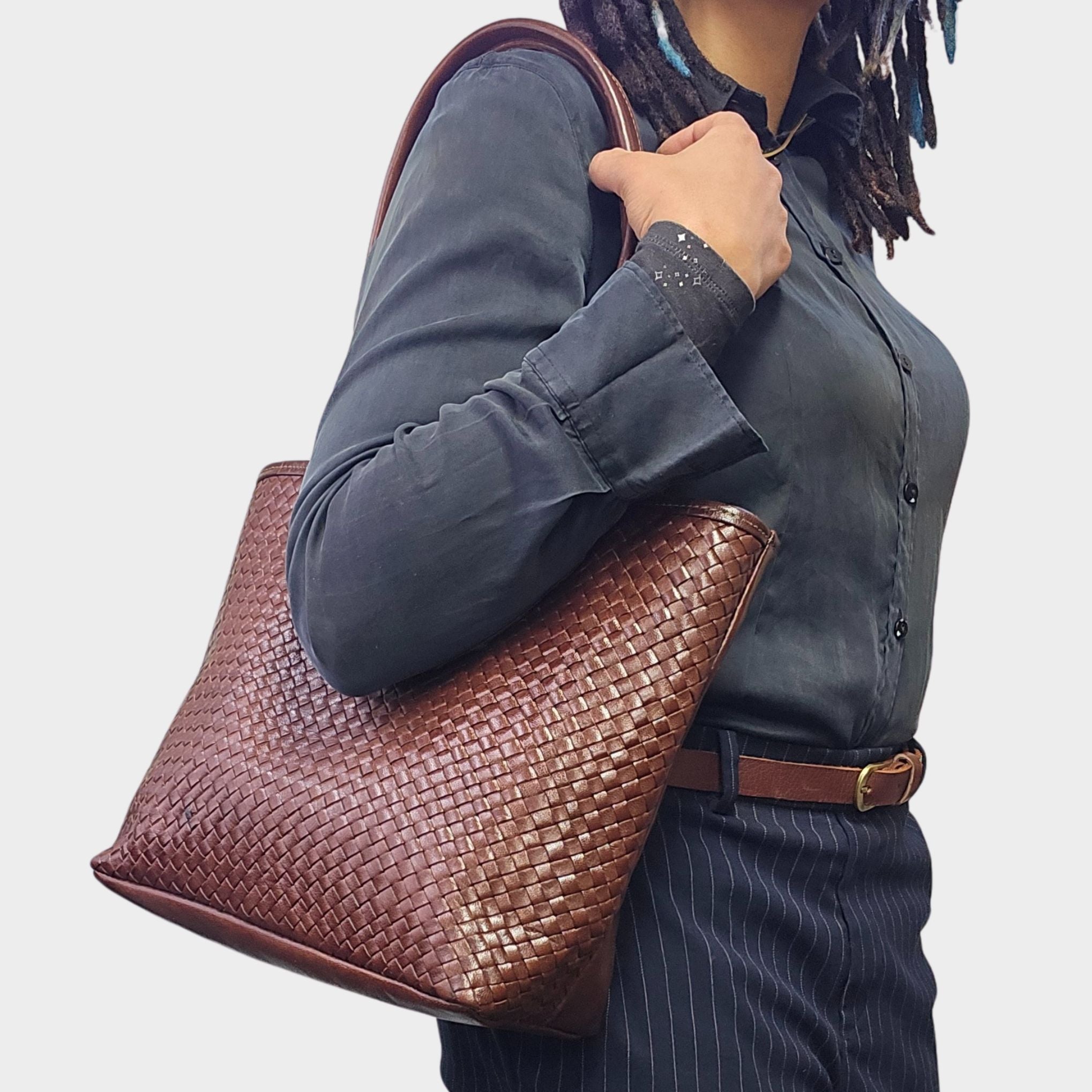 Woven Leather Tote Handbag Chocolate Brown - Artisan Stories