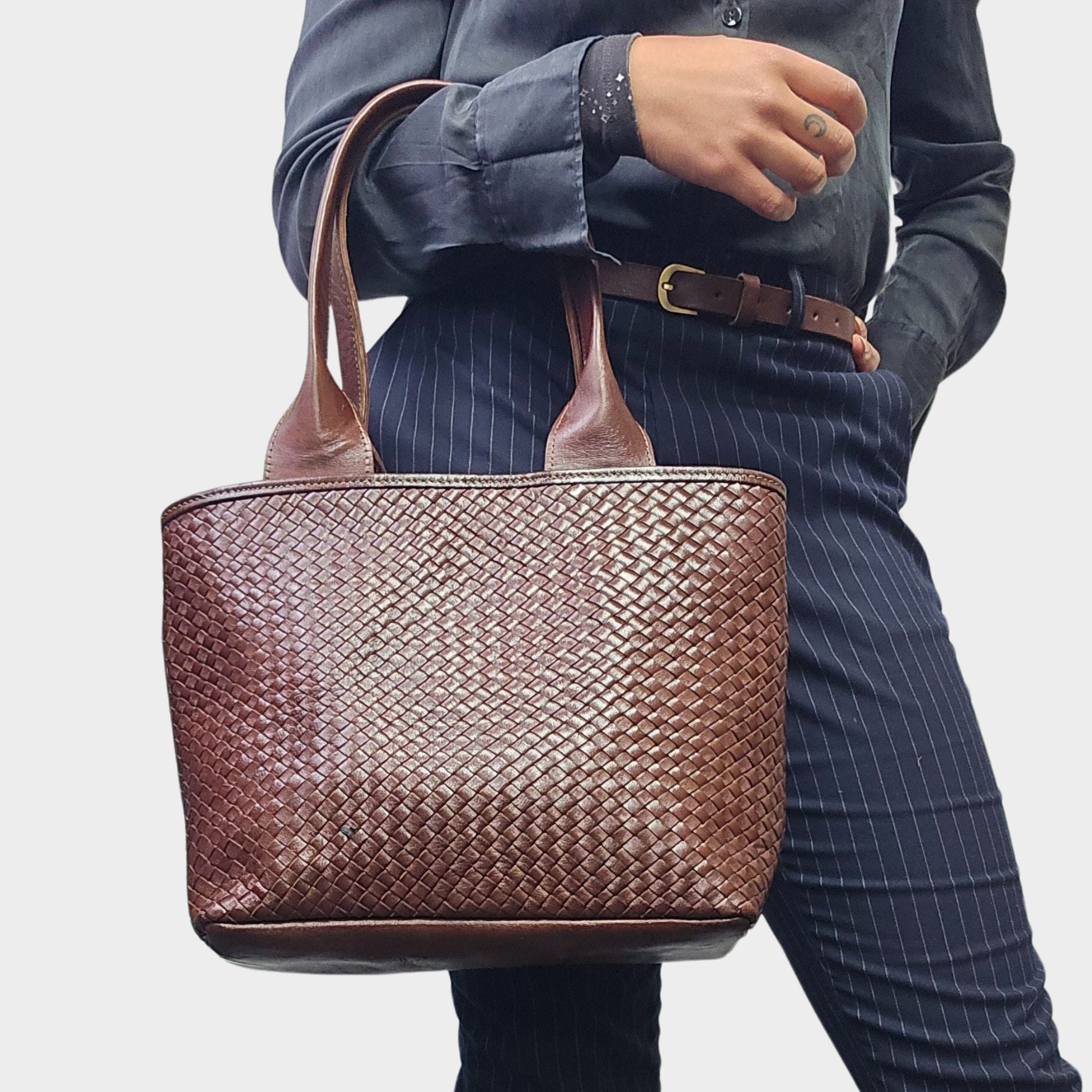 Woven Leather Tote Handbag Chocolate Brown - Artisan Stories