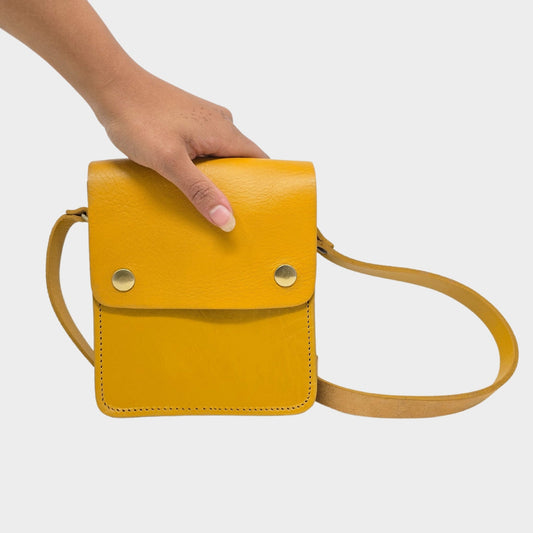 Yellow Small Leather Crossbody Bag with Pop Closure - Artisan Stories