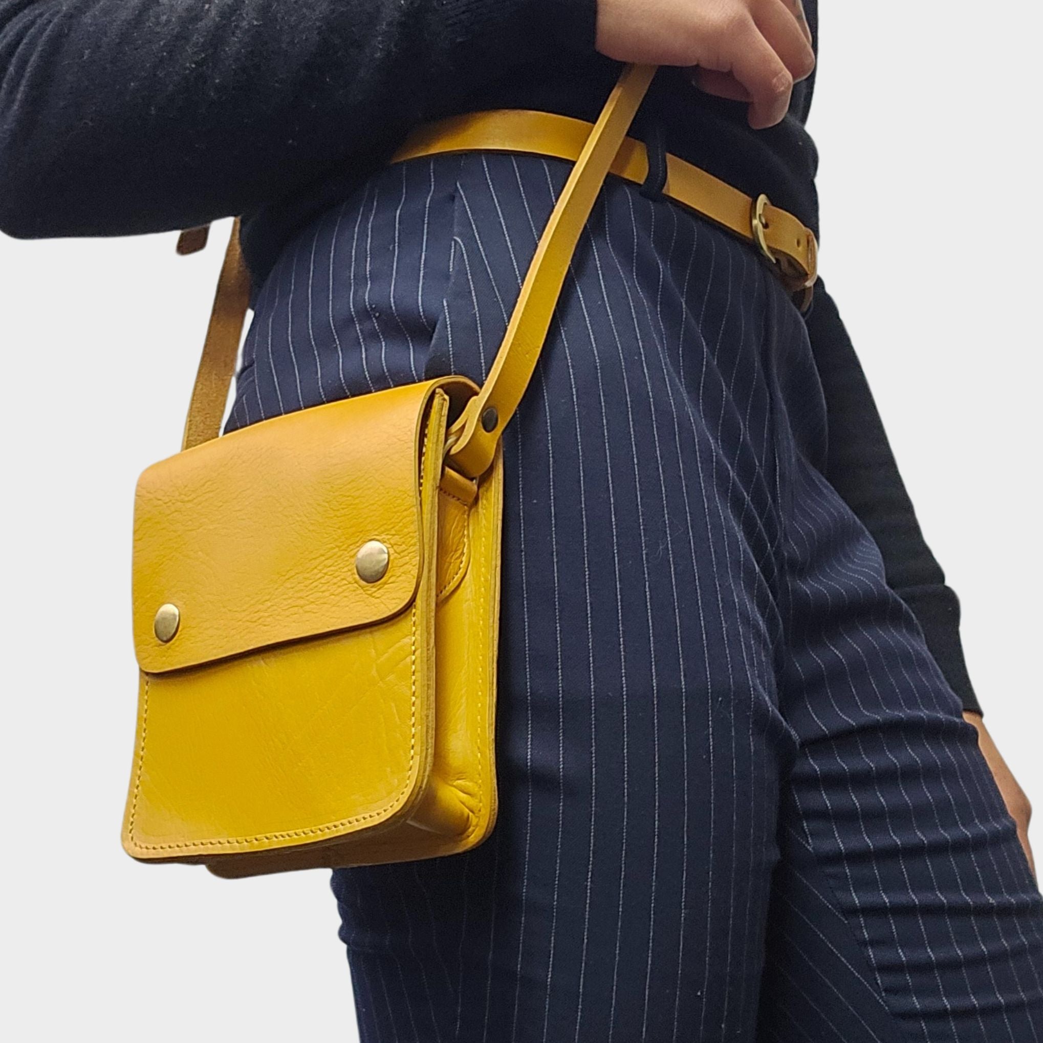 Yellow Small Leather Crossbody Bag with Pop Closure - Artisan Stories